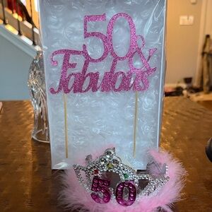 Glittery Pink 50 & Fabulous Cake Topper and Tiara Set